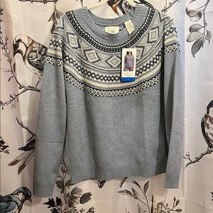 Weatherproof Light Blue Fair Isle Yoke Crew Sweater with Cream & Navy Accents